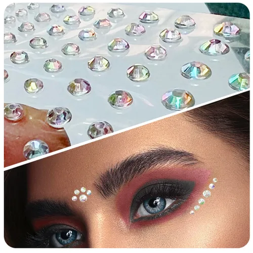 Vista 2 de 4 hojas de calcomanías de diamantes de imitación de gemas para la cara, cristales autoadhesivos para maquillaje, pequeñas gemas acrílicas adhesivas