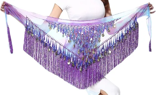 Vista 4 de LauthenS Pañuelo de danza del vientre con borlas de lentejuelas monedas triangulares falda envolvente para festivales de música