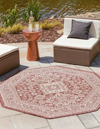 Vista 46 de Unique Loom Outdoor Aztec Collection Alfombra de área, Chalca (5 pies 3 pulgadas, octágono, aguamarina/marfil)