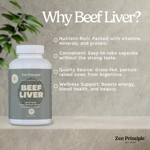 Vista 4 de Zen Principle Hígado de res desecado ultrapuro, alimentado con pasto y acabado Nueva Zelanda, sin hormonas ni OMG, energía natural y apoyo