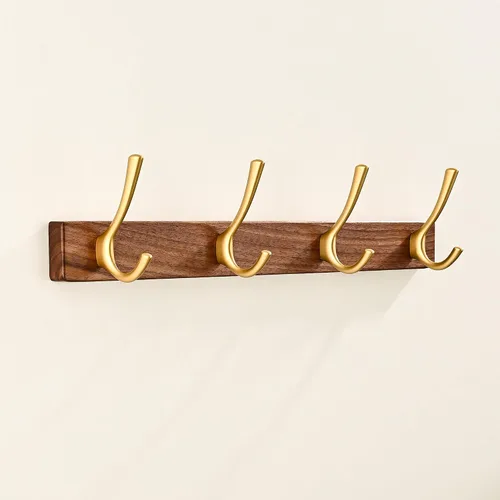 Vista 17 de Perchero de pared pequeño de madera de nogal de 17.3 pulgadas con 4 ganchos, colgador de chaquetas de madera resistente montado en puerta