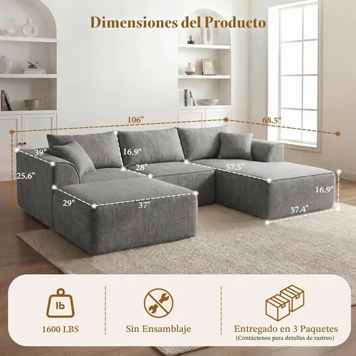 Vista 2 de Vesgantti 106" U Shaped Sectional Boneless Couch, No