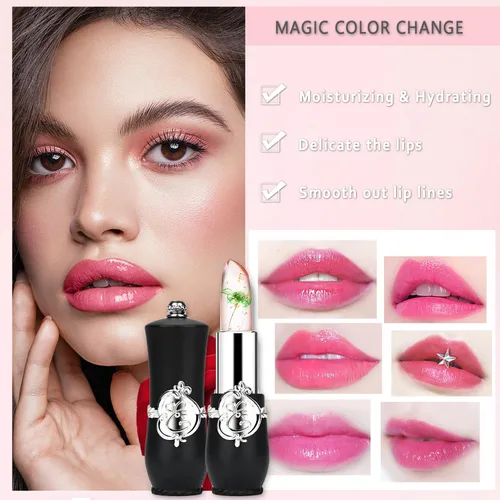 Vista 9 de Paquete de 6 lápices labiales de gelatina de flores de cristal, bálsamo labial nutritivo de larga duración, hidratante mágico que cambia