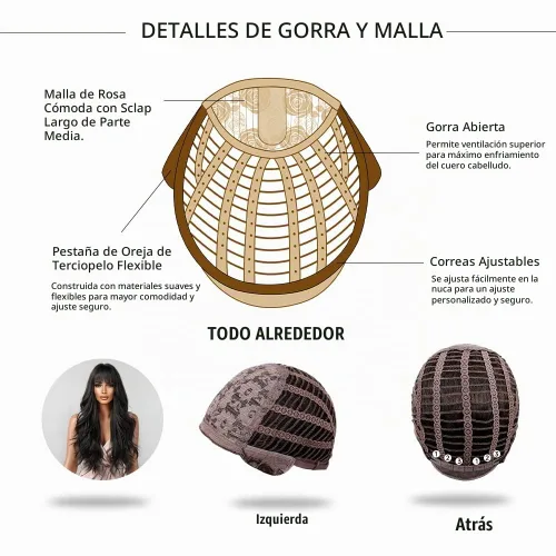 Vista 6 de Allbell - Pelucas largas negras para mujer, rizada, sintética, con flequillo, onda corporal, de aspecto natural, fibra resistente al calor, cabello