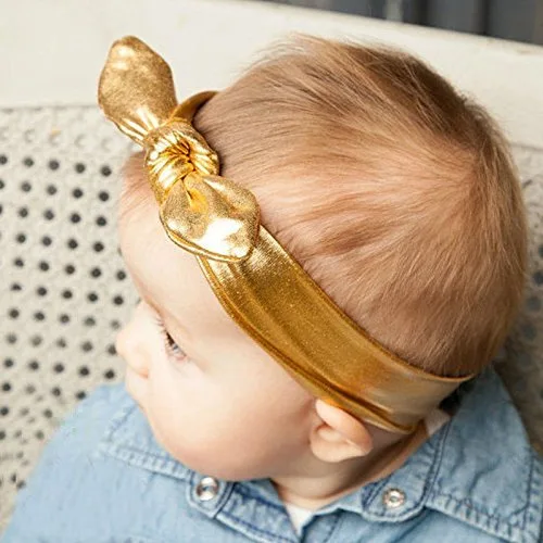Vista 2 de AKOAK Diadema elástica con lazo grande metálico para niños y niñas, turbante de tela (1 unidad, dorado)
