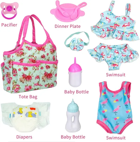 Vista 4 de UNICORN ELEMENT Juego de 12 accesorios para muñecas de bebé, kit de alimentación y cuidado con bolsa de pañales, pañales para muñecas, 2 botellas