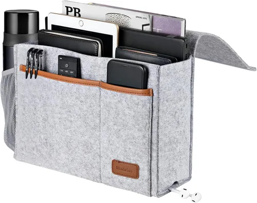 Vista 9 de Organizador de Mesita de Noche, Organizador de Almacenamiento de Cama para Control Remoto, Libros, Revista, Soporte para Laptop, Bolsa