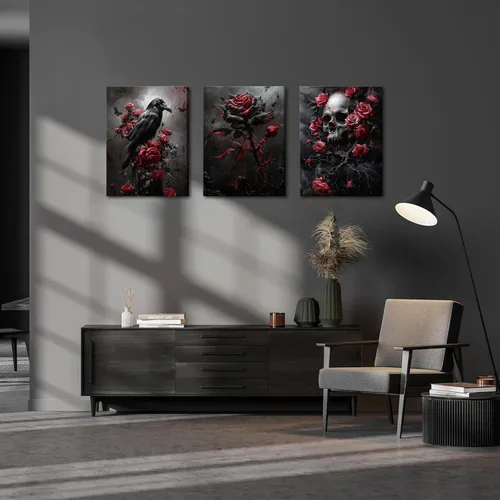 Vista 8 de Juego de 3 lienzos góticos para pared, diseño de rosas románticas de Halloween, decoración de pared, pósteres de calavera de cuervo gótico oscuro