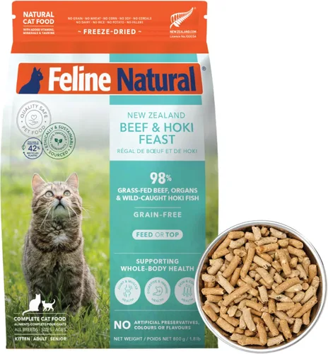Vista 18 de Alimento para gatos seco de alta proteína Feline Natural, dieta liofilizada con 98% de carne, órganos y mariscos, sin guisantes, granos o aditivos