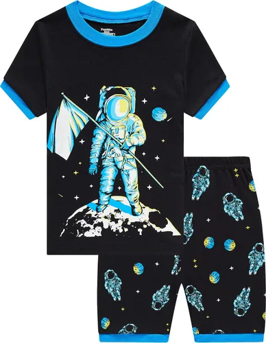 Vista 7 de Pijamas para niños, 100% algodón, 2 piezas, manga corta, conjunto de ropa de dormir de verano para niños, 3t-10t 01 Gris/Estampado De Excavadora