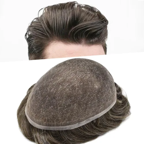 Vista 13 de Completo suizo encaje tupé para hombres pieza de pelo real sistema de reemplazo de cabello humano para hombres Toupee Hairpieces para hombres 7x9
