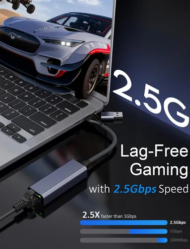 Vista 2 de Adaptador USB C a Ethernet de 2.5 Gbps, 2 en 1 USB 3.0 y adaptador de red USB-C a RJ45, convertidor LAN Gigabit de 2500 Mbps con carcasa