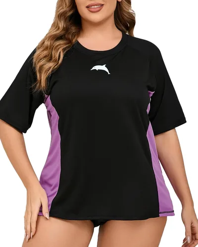Vista 16 de Halcurt Women's Plus Size Rash Guard Swim Shirt with Built in Bra Swimsuit Todo negro