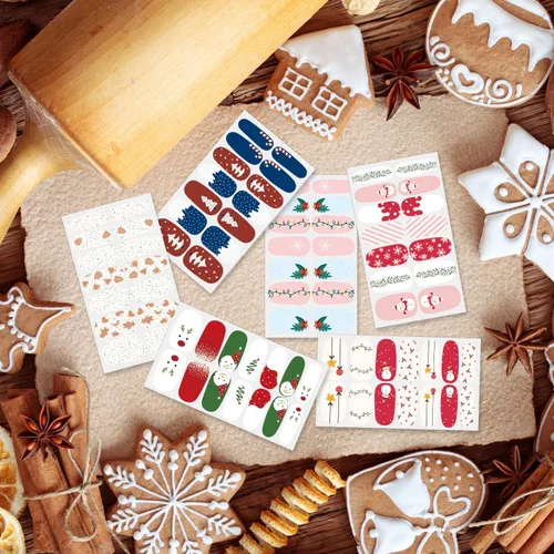 Vista 4 de 16 hojas de tiras de esmalte de uñas de Navidad, autoadhesivas, luces de árbol de Navidad, copo de nieve, muñeco de nieve, calcomanías de uñas