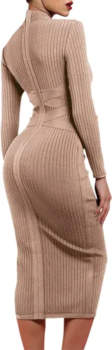 Vista 3 de UONBOX Vestido de manga larga para mujer, con tirantes cruzados, acanalado, para club, fiesta, midi