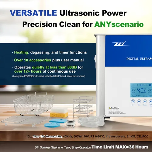 Vista 4 de ZKI Máquina de limpieza ultrasónica digital de 10 litros, calentador ajustable, intensidad y temporizador, limpiador ultrasónico, modo Degas, bajo