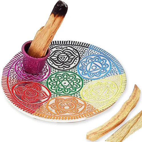 Vista 8 de Soporte de incienso de metal para palos y cono, 7 chakras, bandeja