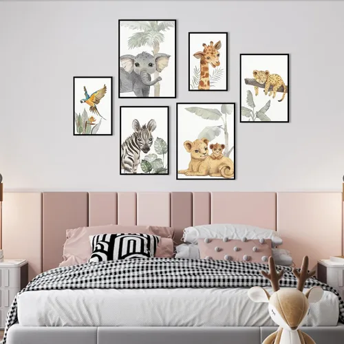 Vista 8 de HLJ ART Arte de pared para guardería de animales de safari: decoración de pared de guardería de bosque, juego de 6, imágenes de animales de bebé