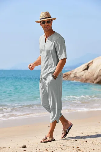 Vista 3 de COOFANDY Conjunto de 2 piezas de lino para hombre, camisa Henley de manga corta y pantalones capri harén, pierna ancha, holgados, pantalones de yoga