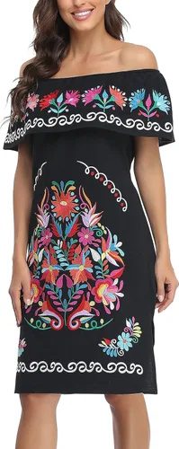 Vista 5 de YZXDORWJ Vestido bordado mexicano para mujer cuello con volantes sin mangas