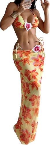 Vista 9 de WDIRARA Conjunto de bikini para mujer de 3 piezas, estampado floral halter con anillos, leopardo, traje de baño con falda de playa Varios