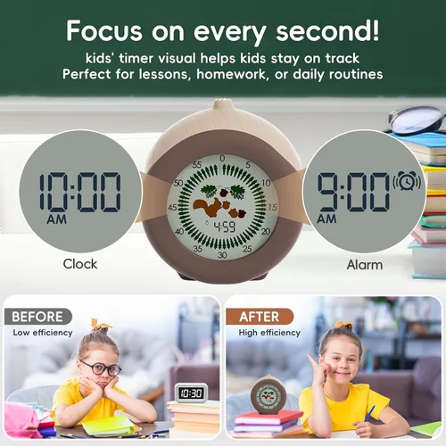 Vista 3 de Temporizador visual para niños, temporizador de ardilla de 299 minutos, temporizador digital con función de pausa, reloj y alarma para aula