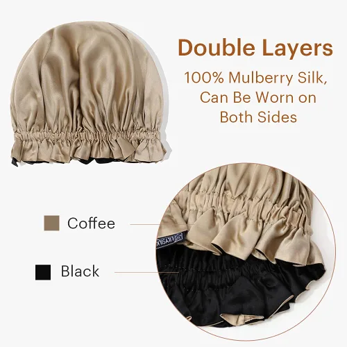 Vista 2 de LilySilk Gorra con forro de seda pura para mujer, doble capa, cintas ajustables, gorra de seda natural de lujo para dormir café + negro