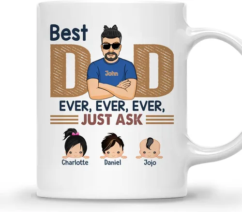 Vista 15 de Gossby Taza personalizada de café para papá, el mejor papá (2 niños en el hombro de papá), regalo personalizado de 11 onzas y 15 onzas para papá, 2