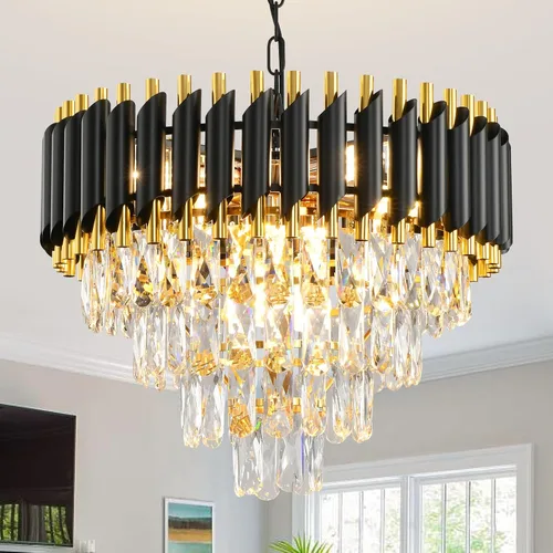 Vista 18 de Candelabro de cristal moderno dorado de 5 niveles para sala de estar, lámpara de araña grande de cristal negro, lámpara colgante de techo