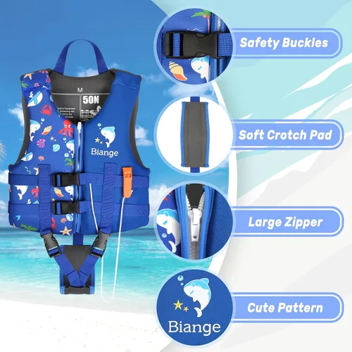 Vista 2 de Chaleco de natación para niños, chaqueta de natación para niños pequeños, flotadores para nadar con silbato de emergencia para niños y niñas de 1 a