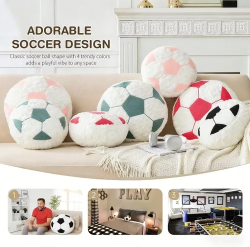 Vista 4 de Cojín redondo de fútbol de fútbol, suave y esponjoso, almohada decorativa de felpa para decoración de habitación (negro, 12 pulgadas)