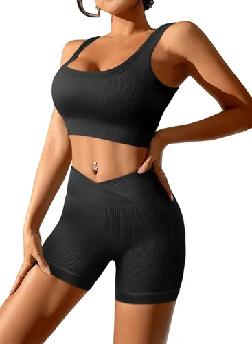 Vista 4 de JZC Conjuntos de entrenamiento para mujer, 2 piezas, acanalados, sin costuras, pantalones cortos de cintura alta, trajes de yoga