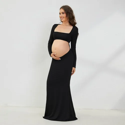 Vista 7 de AIFOTO Vestido de maternidad sexy expuesto vientre de manga larga sin espalda cuello cuadrado recortado vestidos de fotografía vestidos de sesión