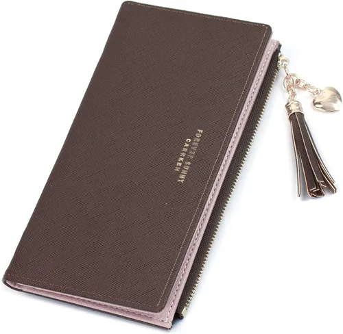 Vista 15 de Sumgogo - Cartera delgada para mujer, cartera larga con borlas, cierre zipper, monedero, bolso de mano, estuche para tarjetas, Rosa, Minimalista