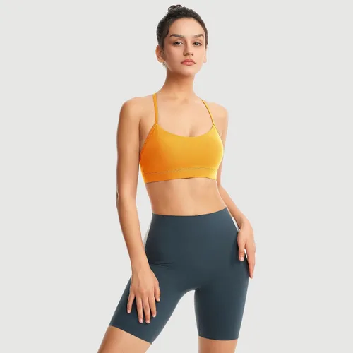 Vista 5 de Sujetadores deportivos acolchados para mujer, brasier deportivo sexy de línea larga entrecruzada, brasier deportivo de soporte medio con tirantes