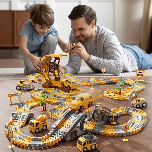 Vista 6 de iHaHa 299 piezas de pistas de carreras de construcción para niños, 6 piezas de autos de ingeniería y pista de carreras flexible crea un camino