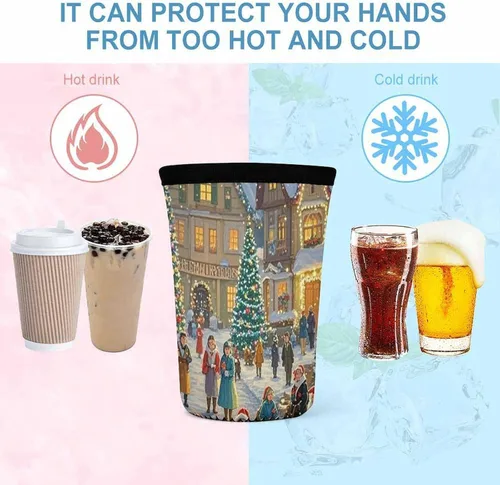 Vista 4 de Christmas-themed Town Reusable Insulated Neoprene Iced Coffee Cup Sleeves 3 Sizes Diving Material Cup Durable Beverage Covers for Cold Coffee Tea