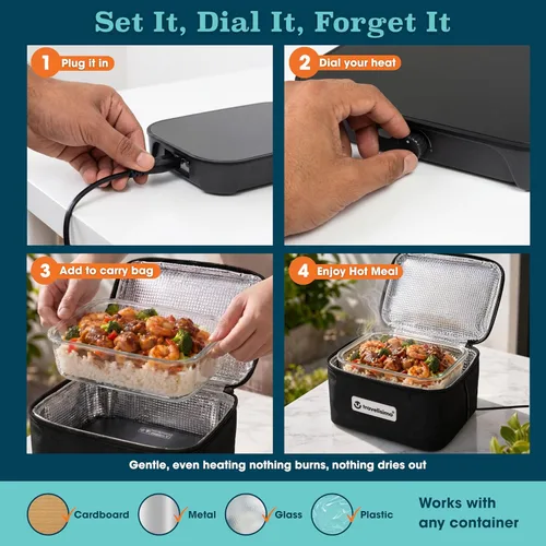 Vista 4 de TRAVELISIMO Microondas portátil, calentador de alimentos portátil para uso en el trabajo y el hogar, caja de almuerzo con calefacción 12V/24V/110V