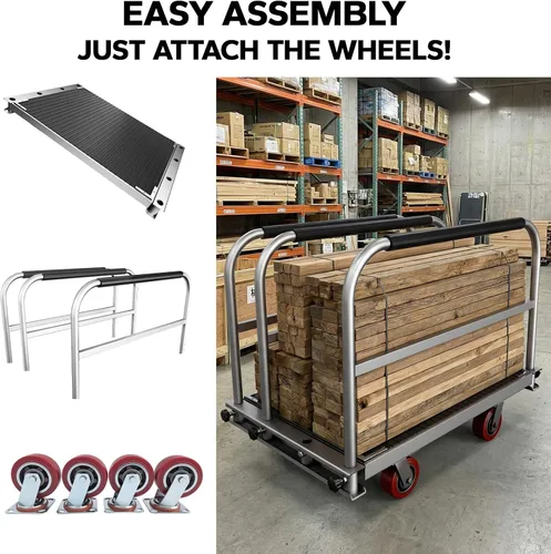 Vista 6 de Camión de panel resistente 2 en 1, carrito de plataforma de 36 x 24 pulgadas con alfombrilla de goma y 3 pasamanos, carrito de madera y paneles