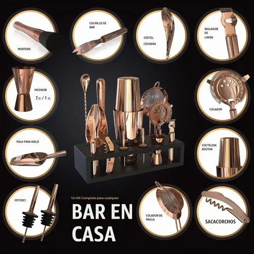 Vista 3 de Kit de bartender Highball & Chaser con soporte de bambú negro, hermoso juego de coctelera, juego y herramientas para barra, agitador Boston de acero