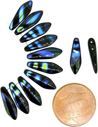 Vista 4 de Cuentas de cristal checas, dos agujeros, 0.197 in x 0.630 in, rayas Jet AB, 25 cuentas