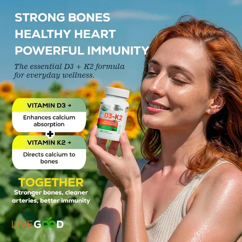 Vista 4 de LIVEGOOD Suplemento orgánico D3 K2 de 2000 UI, cápsulas veganas con MK-7, vitamina D3 pura con K2 para el sistema inmunológico y apoyo óseo