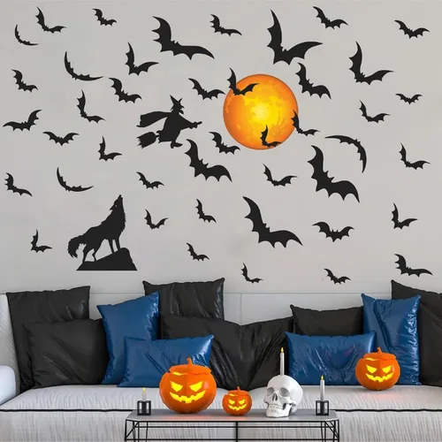 Vista 2 de Calcomanías de pared de luna de Halloween, calcomanías de murciélago de bruja, calcomanías de pared de lobo removibles para despegar y pegar