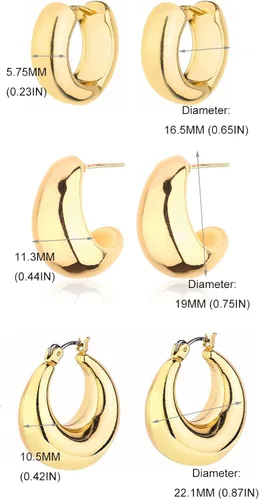 Vista 4 de Juego de aretes de aro gruesos de oro para mujer, chapados en oro de 14 quilates, hipoalergénicos, gruesos y abiertos, ligeros, Latón, No es una