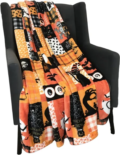 Vista 21 de Manta de forro polar de Halloween, murciélagos negros sobre fondo naranja, 50 x 70 pulgadas Ultra-soft cozy flannel fleece, for sofa couch bed