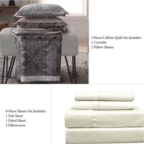 Vista 4 de sheetsnthings Juego de ropa de cama de 7 piezas tamaño Queen - Colcha ligera de color gris pardo calisto con sábanas de microfibra marfil sólido