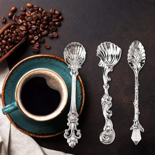 Vista 6 de Fdit Juego de 3 cucharas de café vintage, cucharas de postre talladas en metal real para cocina, comedor, bar y fiestas de té