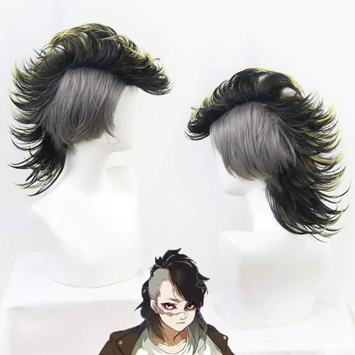Vista 2 de SYIBOO Shinazugawa Genya Cosplay Pelucas Anime Kimetsu No Yaiba Peluca de pelo de fibra de alta temperatura estilo negro y amarillo