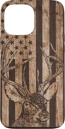 Vista 23 de Funda de madera para iPhone 16 con diseño de ciervo de cola blanca para caza cazador de bandera estadounidense