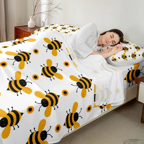 Vista 4 de Erosebridal Yellow Bee - Sábana bajera ajustable tamaño individual, sábanas de abeja de dibujos animados Kawaii para niños y niñas, juego de sábanas